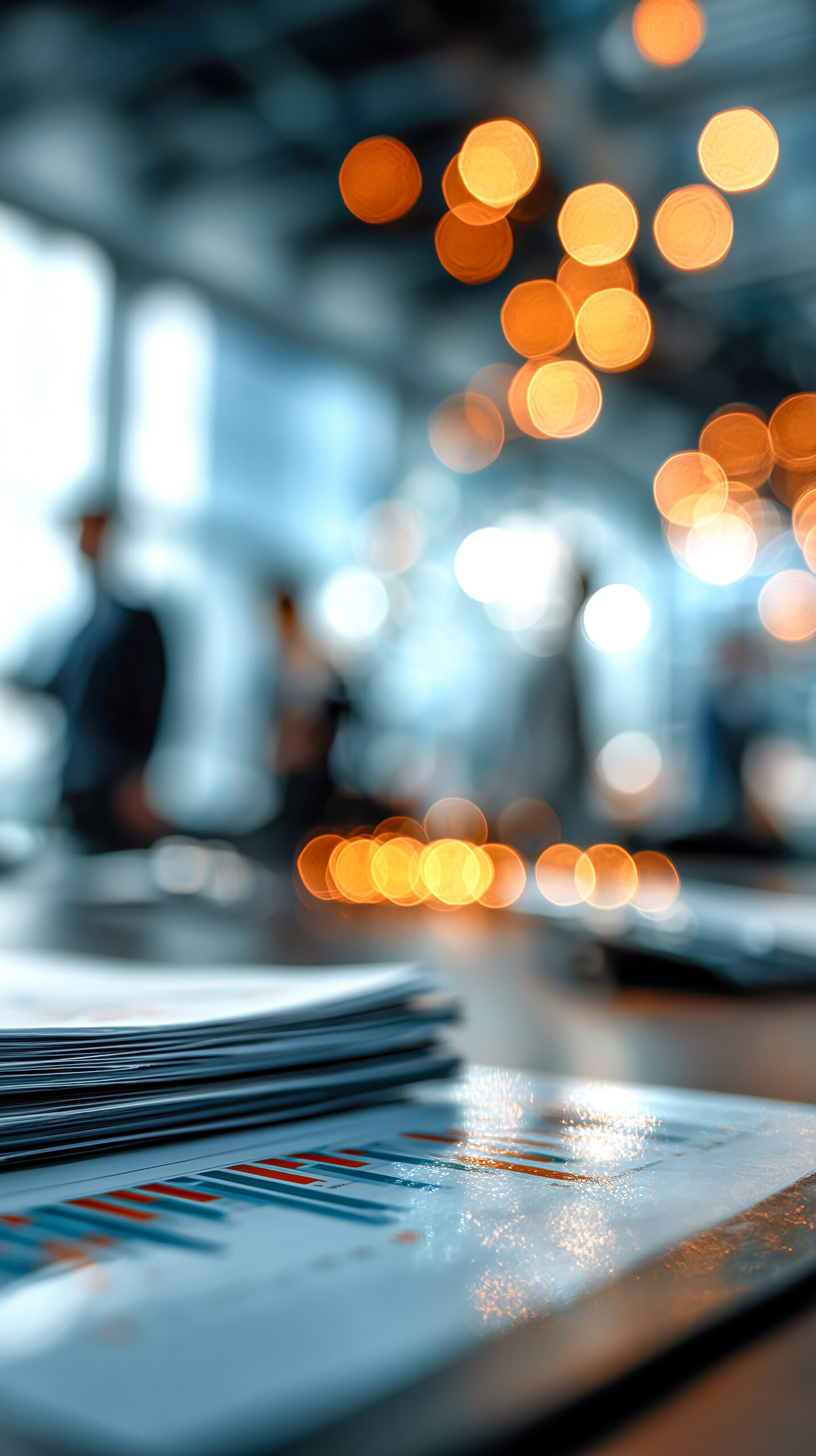 Business meeting in progress with graphs and financial documents in the foreground, office workers blurred in the background.
